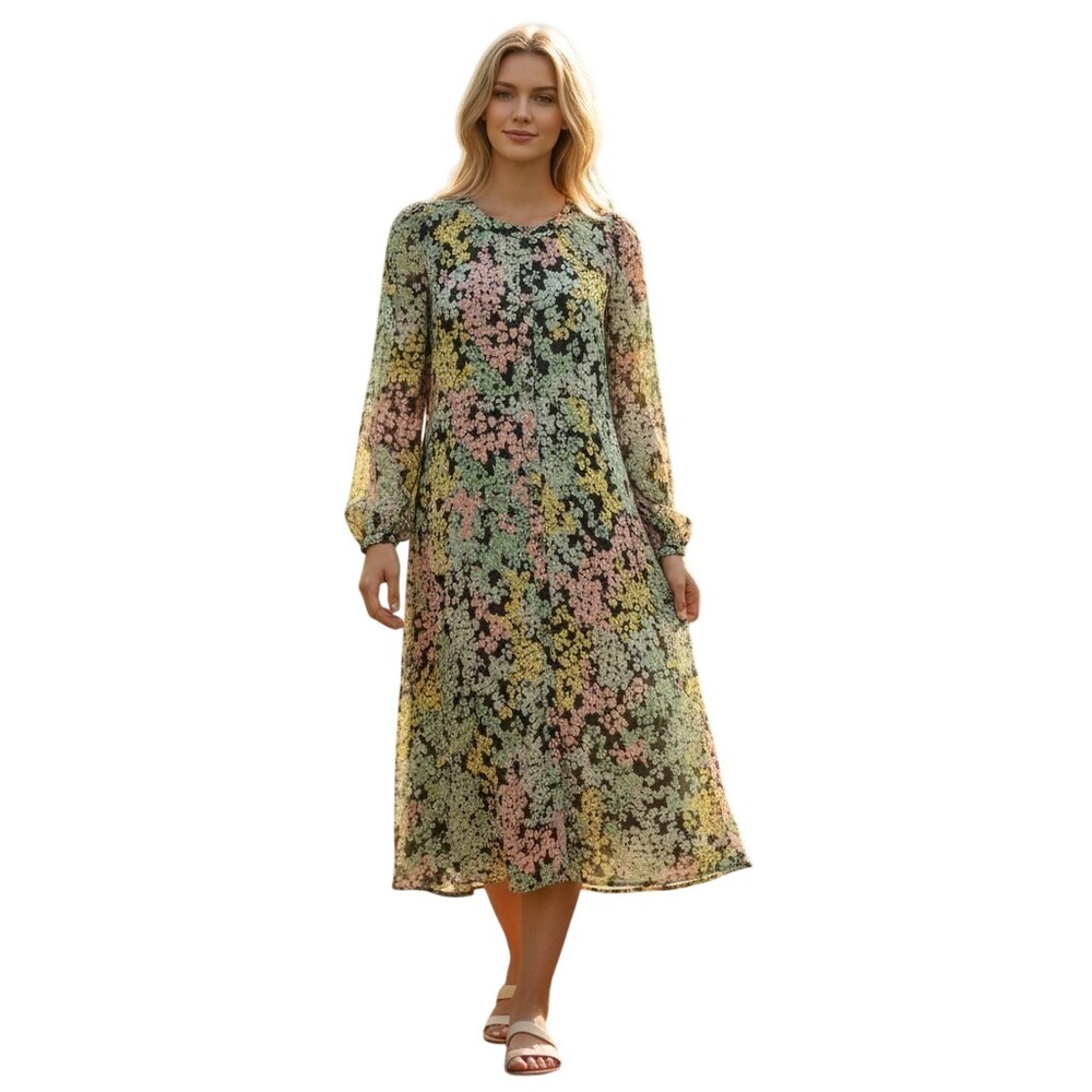 Loft Dress Women 2P Garden Watercolor Floral Chiffon Long Sleeve Shirtdress Midi